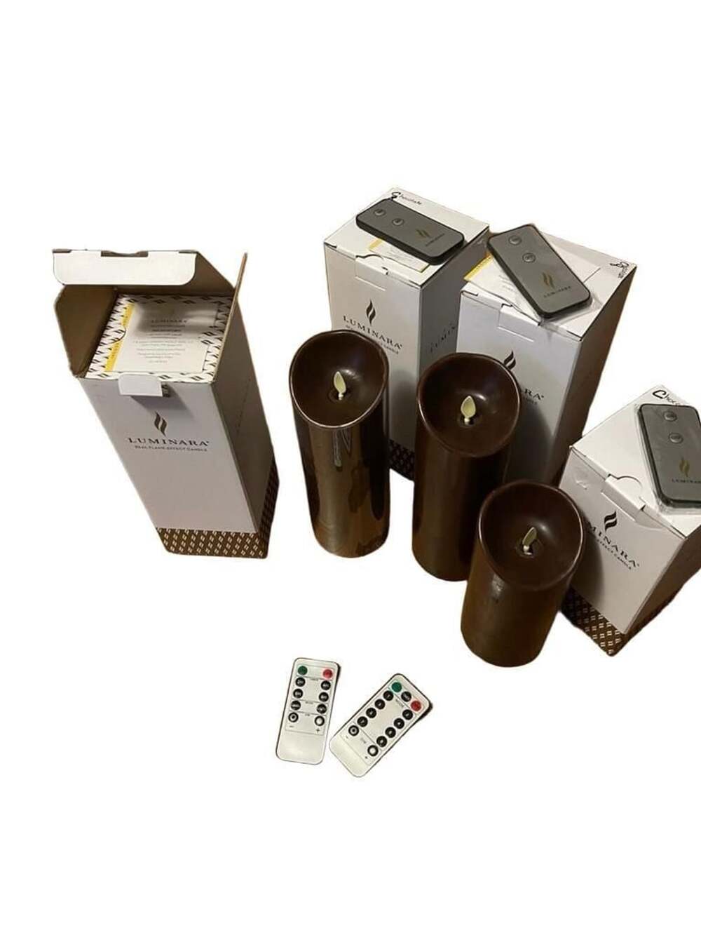 Lot of 4 Luminara Flameless Candles Brown Chocolate Wax Moving Flame + 6 Remotes